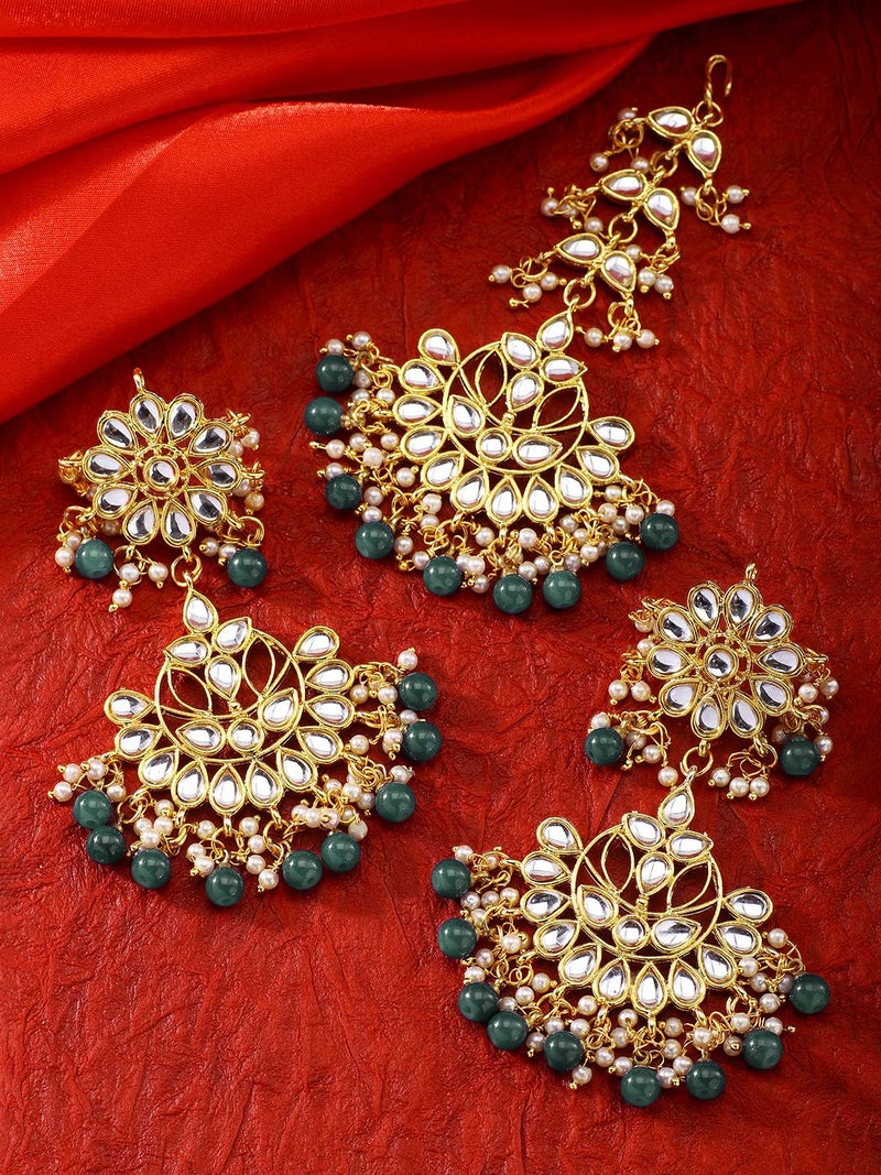 Aheli Indian Traditional Wedding Wear Faux Kundan Beaded Earrings with Maang Tikka Set Ethnic Fashion Jewelry Gift for Women Green 2 - Image 2